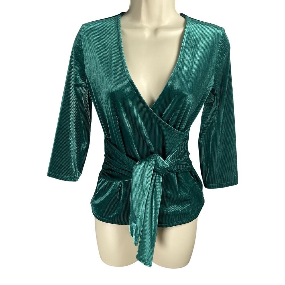 Express One Eleven Blouse Womens XS Green Velour Sheen Tie Waist Surplice Top
